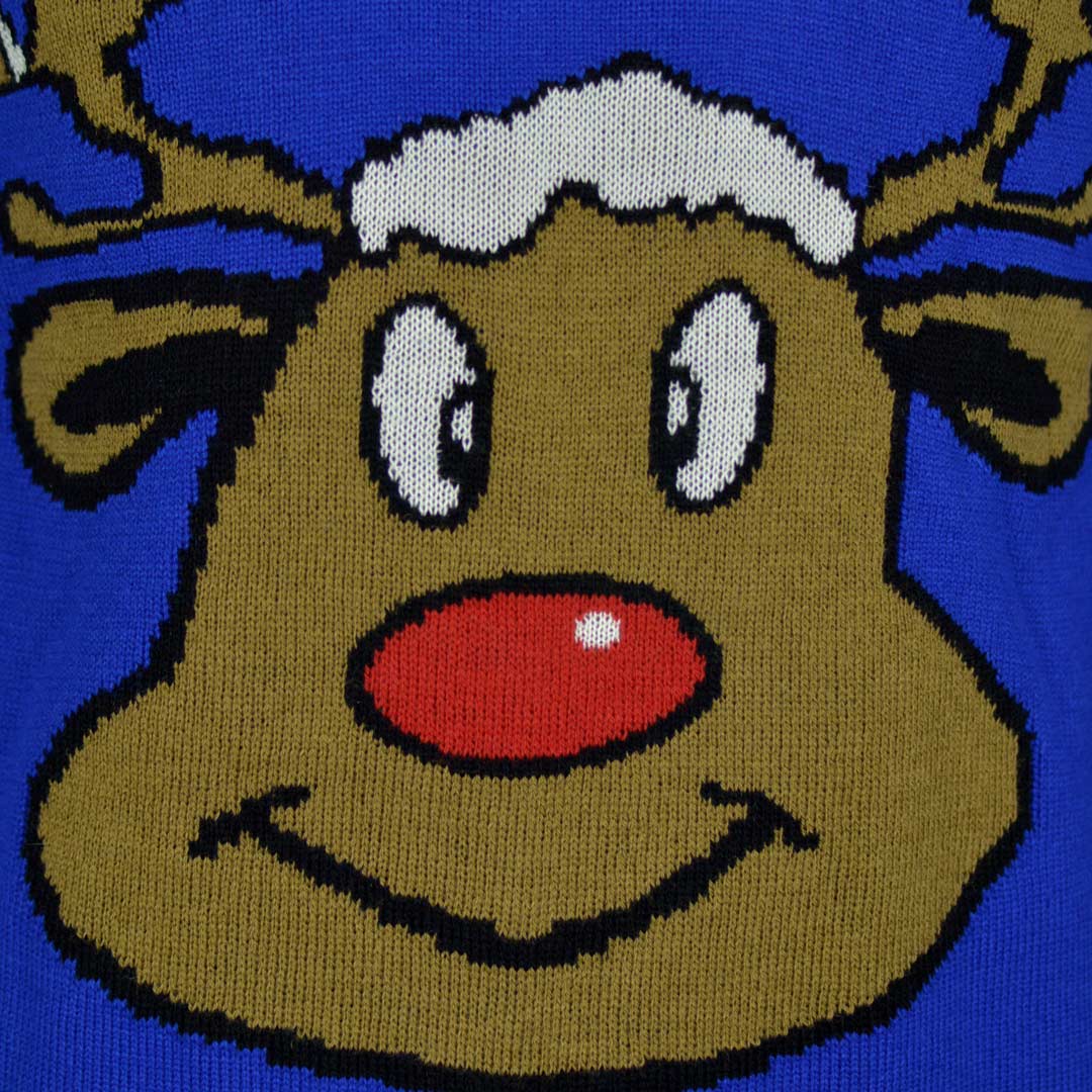 Pull de Noël pour Enfants Bleu avec Renne Souriant détail