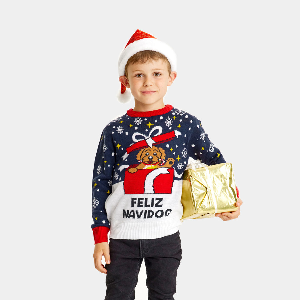 Pull de Noël pour Enfants Feliz Navidog Garçon