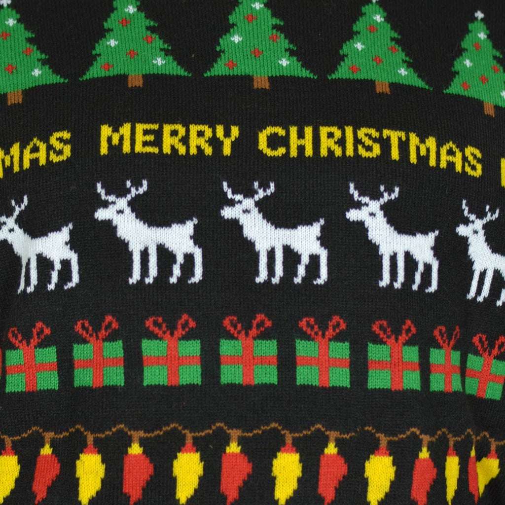 Pull de Noël pour Enfants Noir avec Sapins, Rennes et Cadeaux Détail