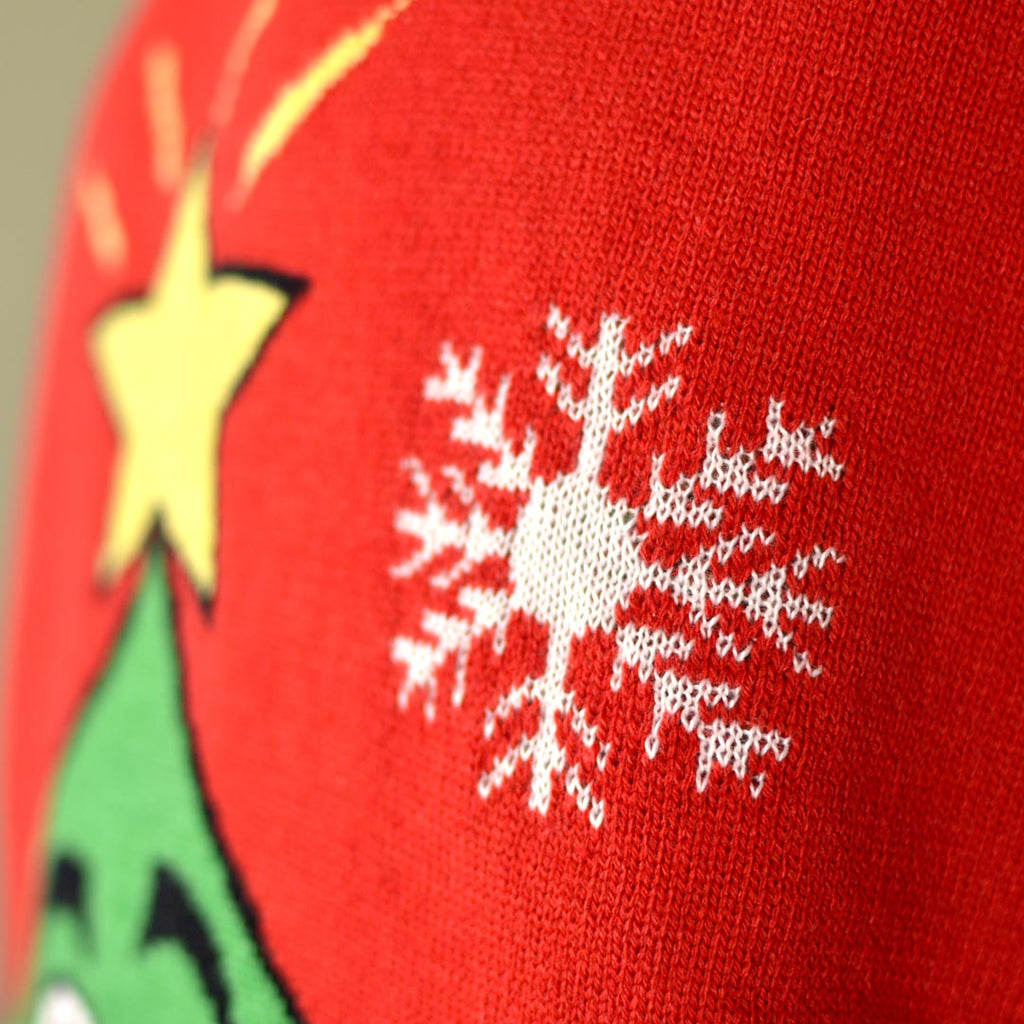 Pull de Noël pour Enfants Rouge avec Sapin de Noël Souriant Détail Neige