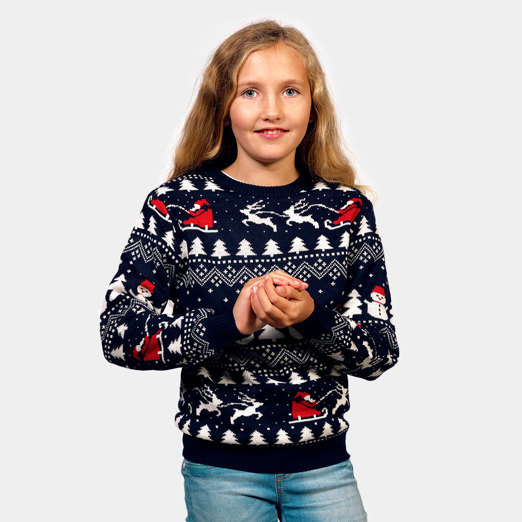 Pull de Noël pour Enfants avec Sapins, Bonhommes de Neige et Père Noël Coton Bio fille