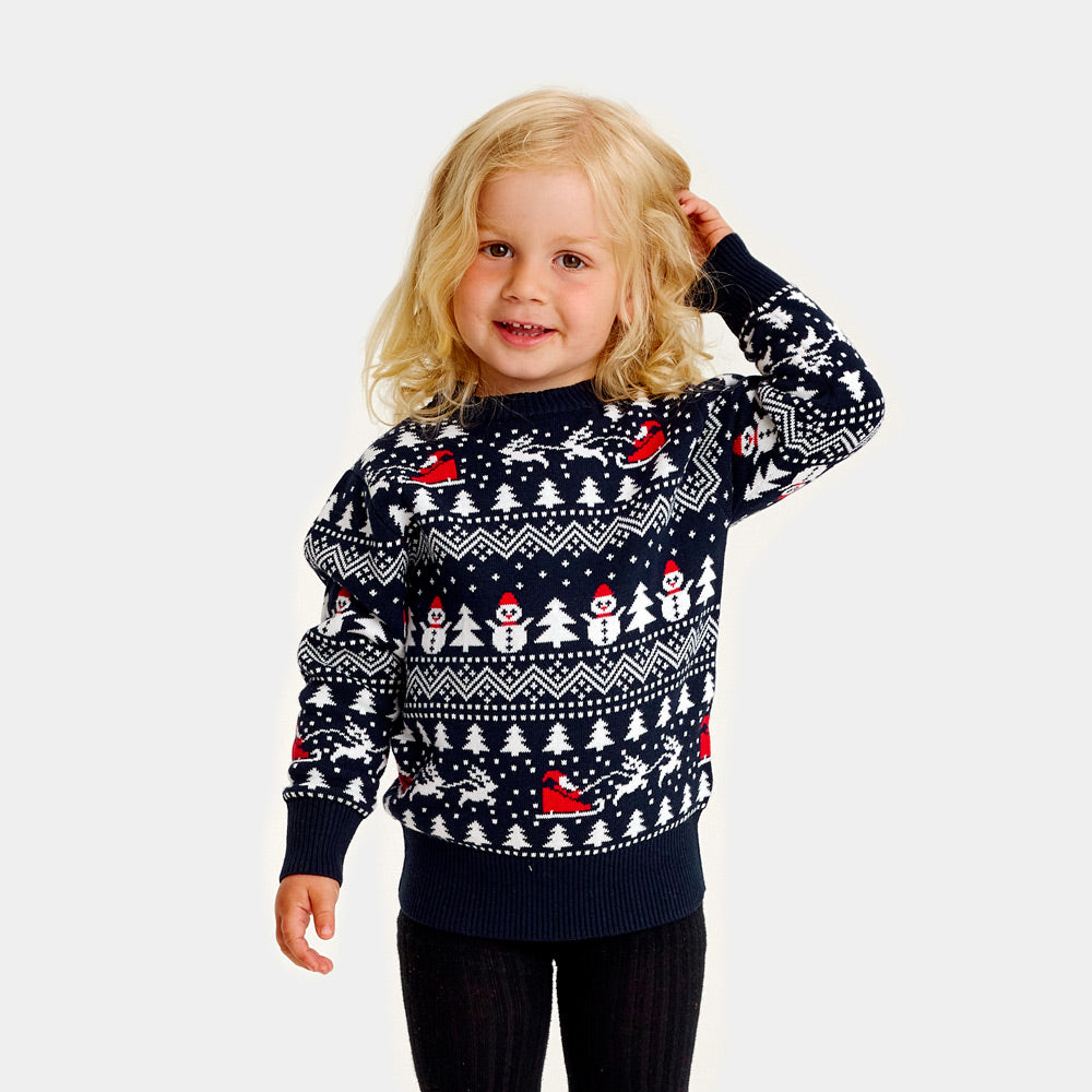 Pull de Noël pour Enfants avec Sapins, Bonhommes de Neige et Père Noël Coton Bio fille