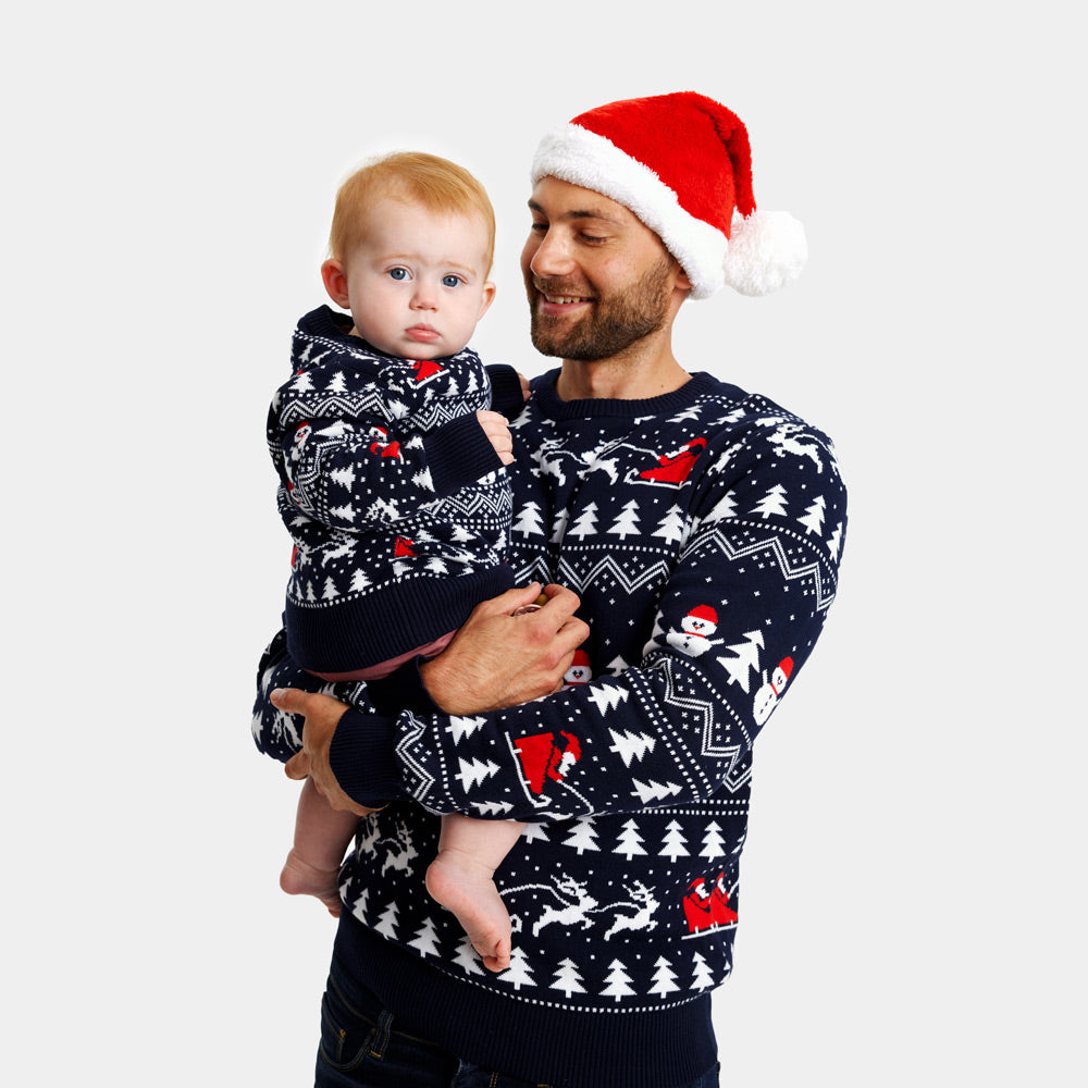 Pull de Noël pour Enfants avec Sapins, Bonhommes de Neige et Père Noël Famille