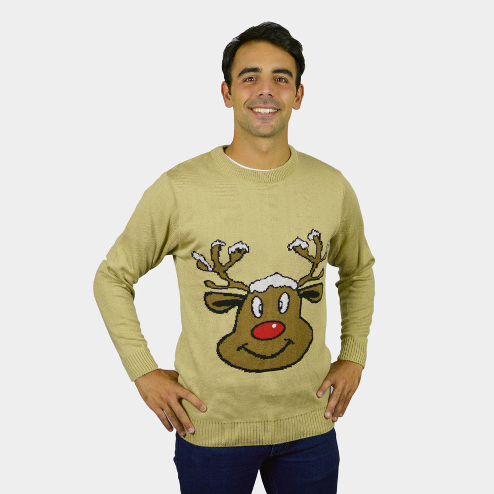 Pull de Noël pour Famille Beige avec Renne Souriant Homme