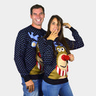 Pull de Noël pour Famille Bleu Renne au Nez Rouge 3D couple