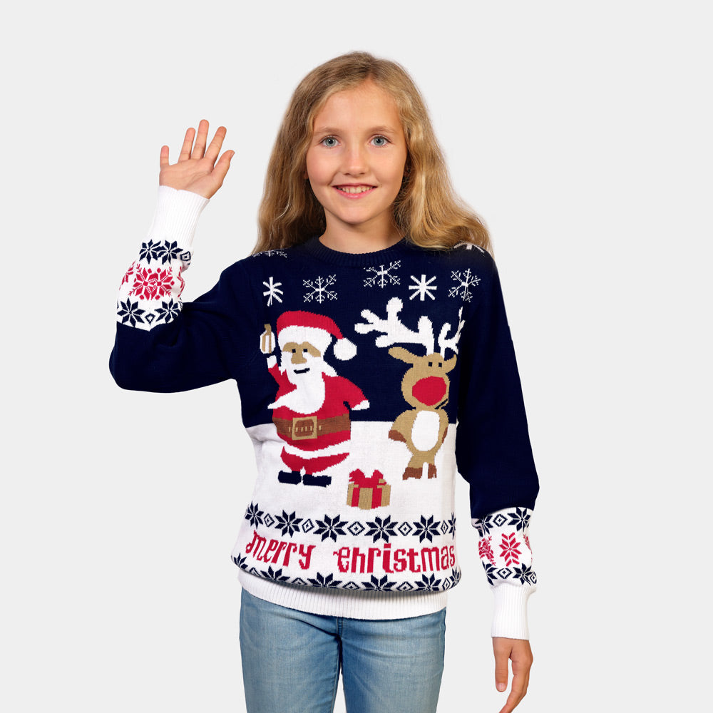 Pull de Noël pour Famille Bleu Père Noël et Rudolph le Renne