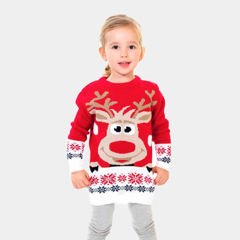 Pull de Noël pour Famille Rouge avec Renne et Neige Fille