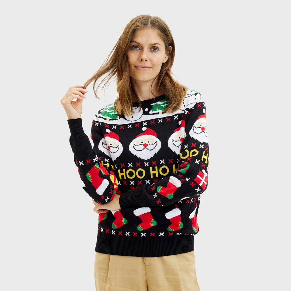 Pull de Noël Famille Père Noël, Cadeaux et Bonhommes de Neige Coton Bio Femme