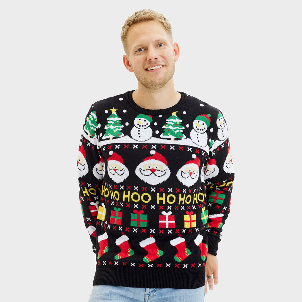 Pull de Noël Famille Père Noël, Cadeaux et Bonhommes de Neige Coton Bio Homme