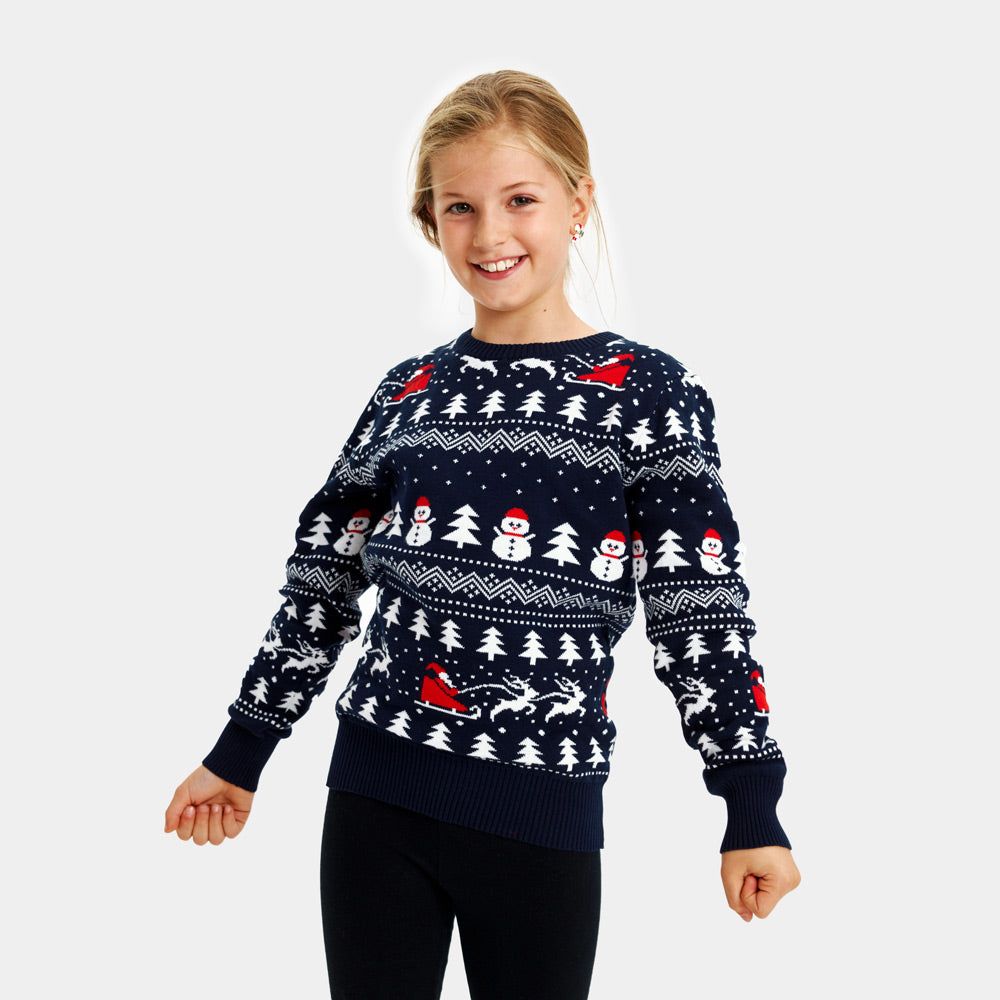 Pull de Noël pour Famille avec Sapins, Bonhommes de Neige et Père Noël Coton Bio Fille