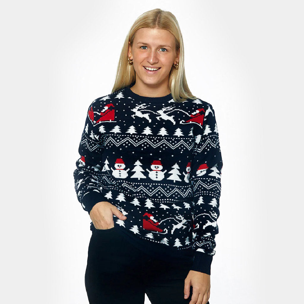 Pull de Noël pour Famille avec Sapins, Bonhommes de Neige et Père Noël Coton Bio femme