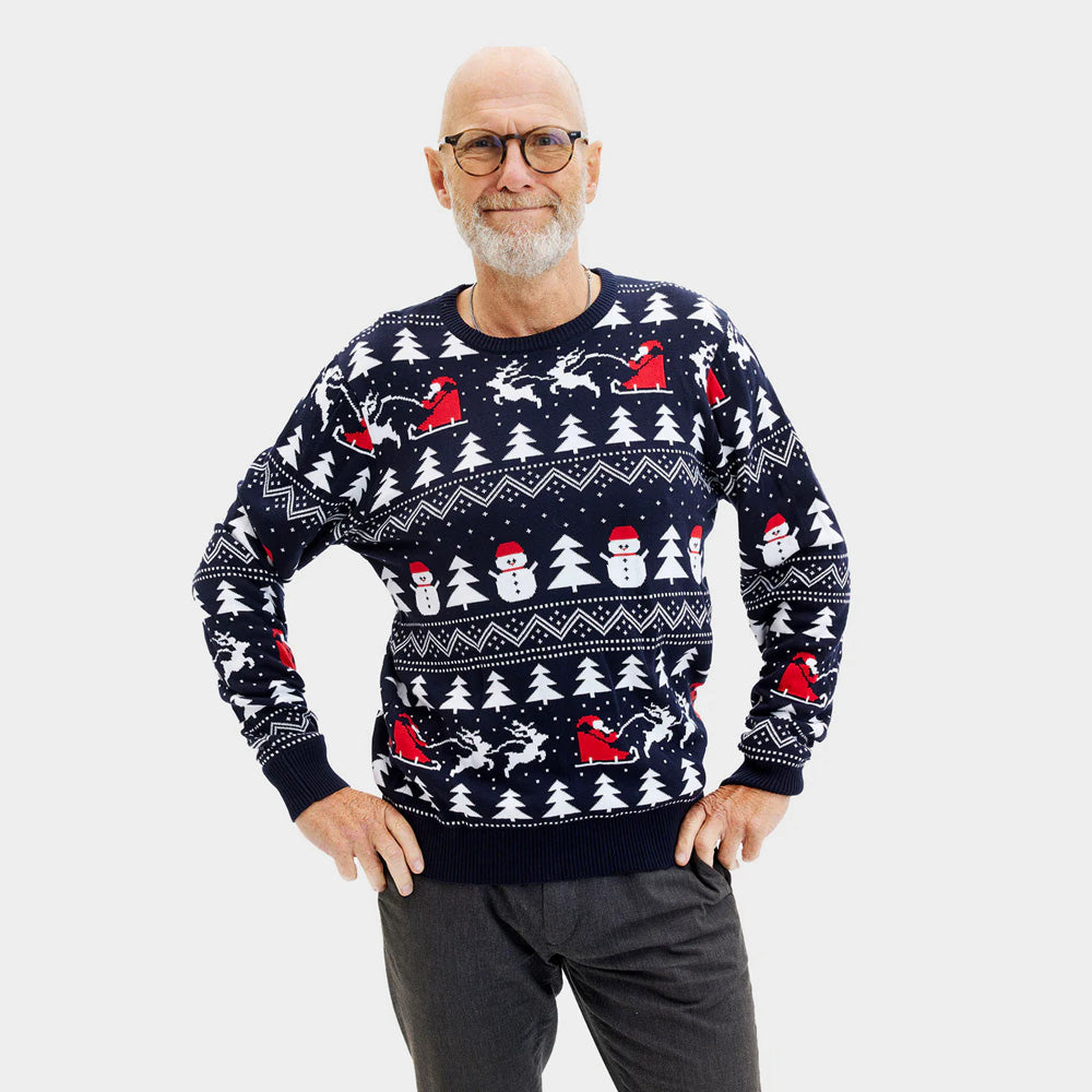 Pull de Noël pour Famille avec Sapins, Bonhommes de Neige et Père Noël Coton Bio homme