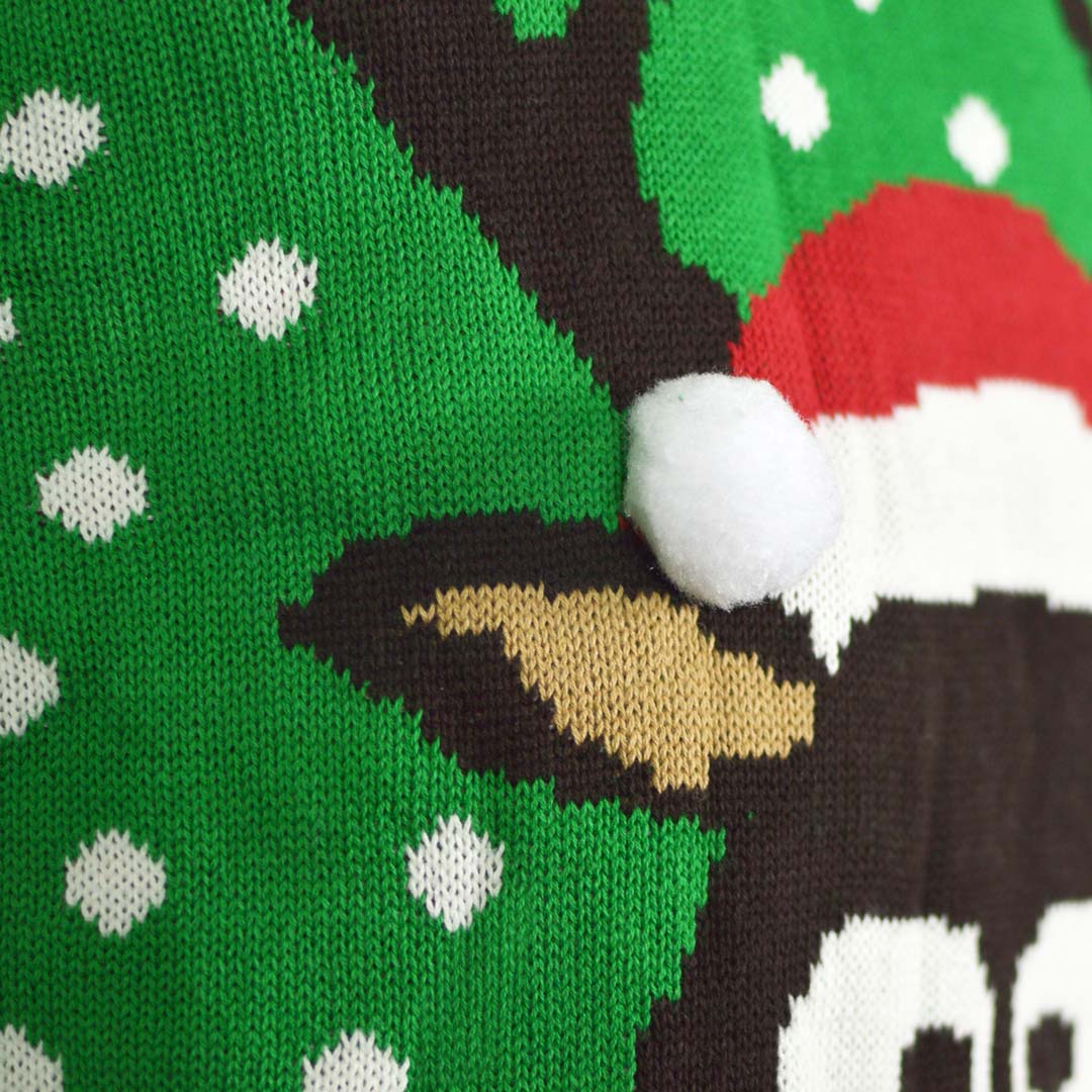 Pull de Noël pour Famille Vert Renne avec Bonnet de Noël 3D Détail