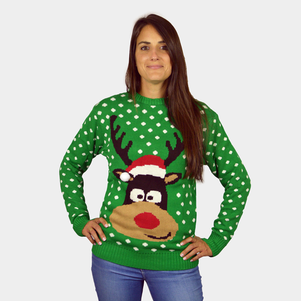 Pull de Noël pour Famille Vert Renne avec Bonnet de Noël 3D femme