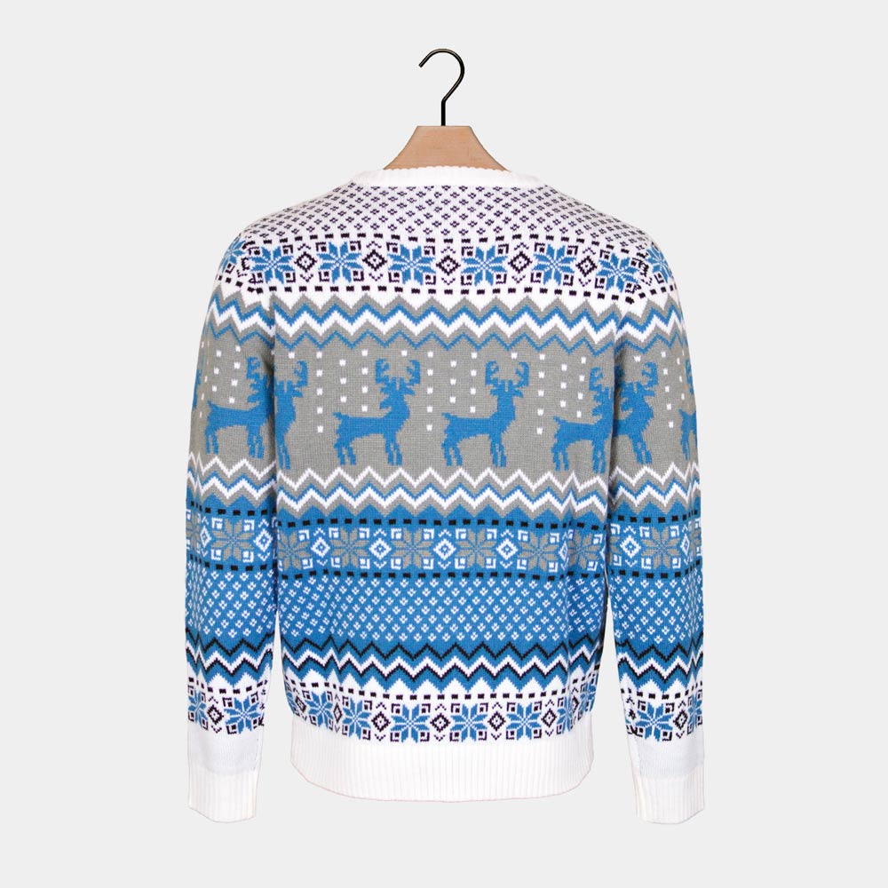 Pull de Noël Femme Chic Blanc, Gris et Bleu avec Rennes
