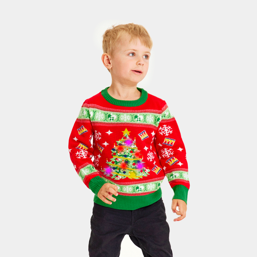 Pull de Noel pour Enfants Lumineux LED Rouge avec Sapin de Noel Pulls de Noel