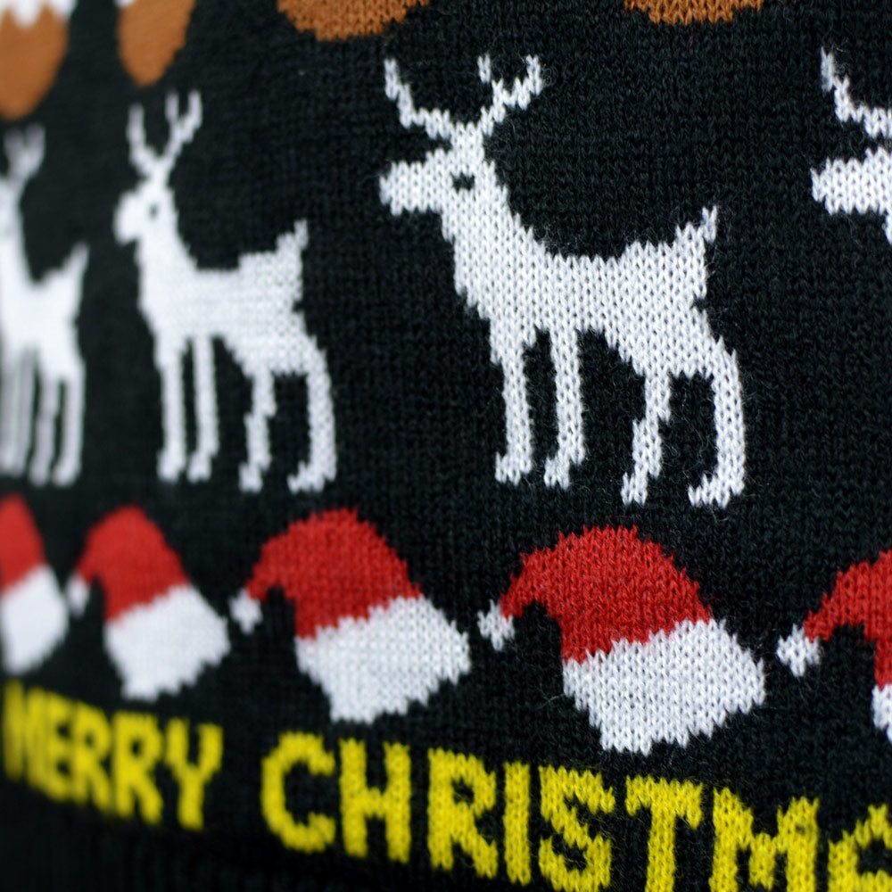 Pull de Noël Noir pour Famille avec Sapins, Rennes et Cadeaux Détail