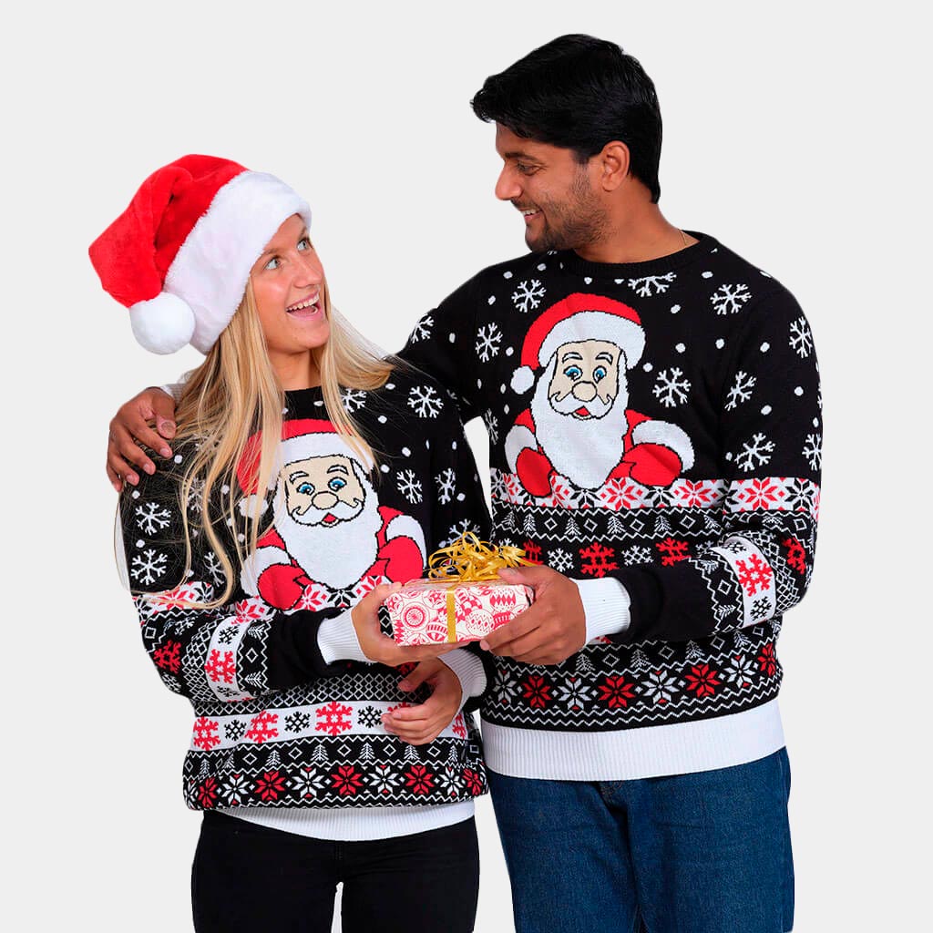 Pull de Noël Noir avec Père Noël et Neige Coton Bio Couple