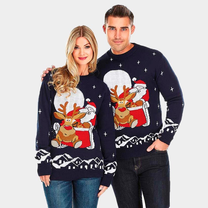 Pull de Noël Pere Noël et Renne en Traîneau Couple