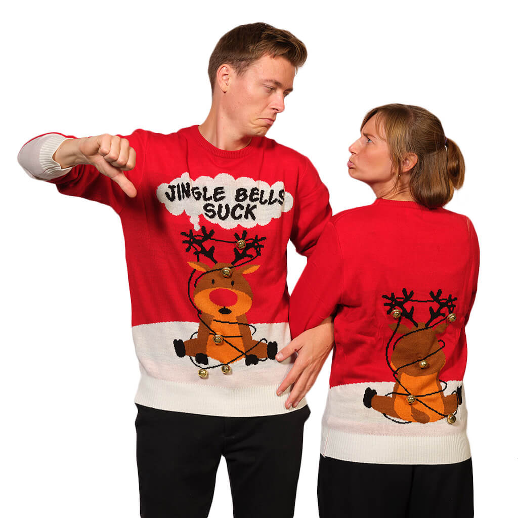 Pull de Noël Rouge Jingle Bells Suck Grelots 3D Couple