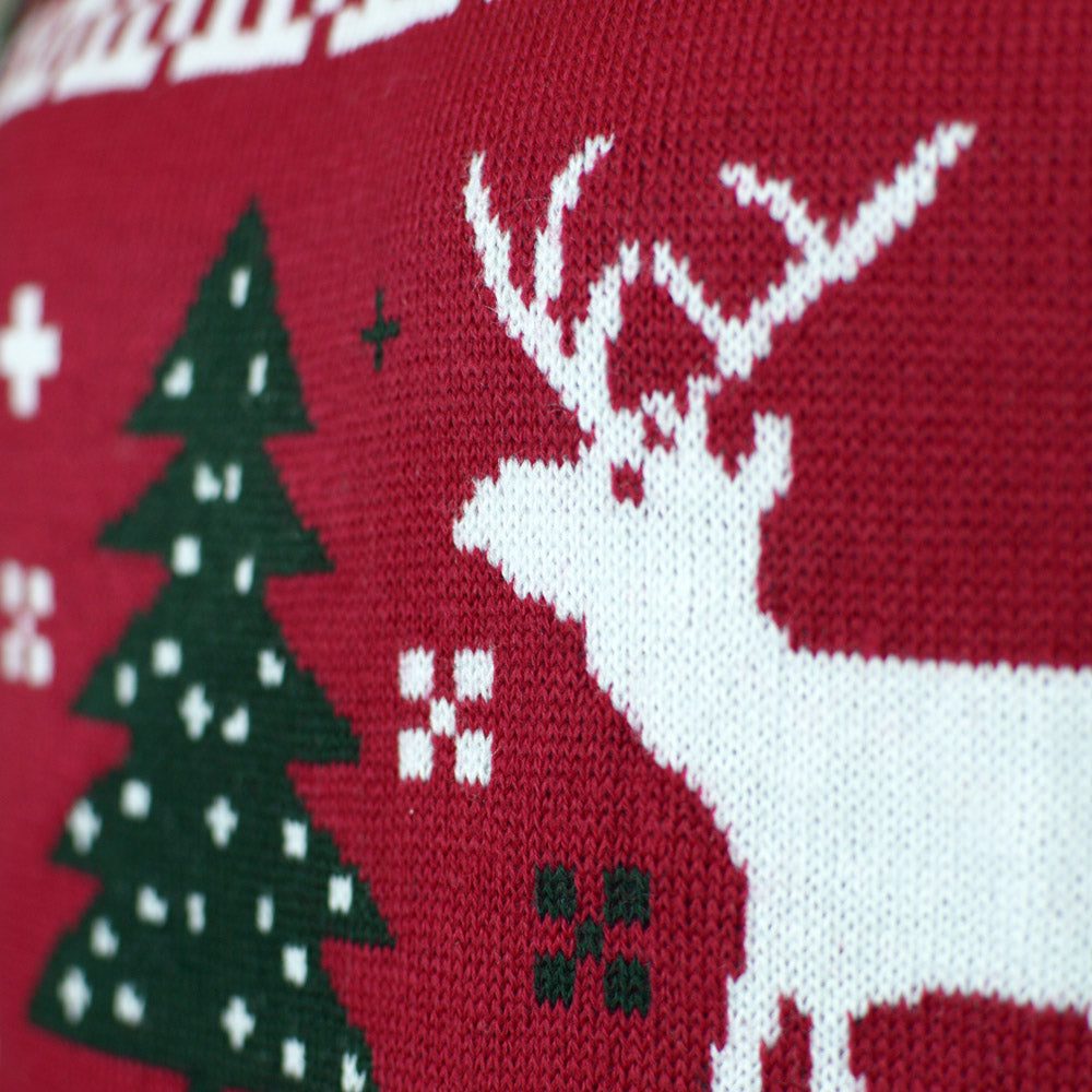 Pull de Noël Rouge avec Sapins de Noël et Rennes Détail Neige