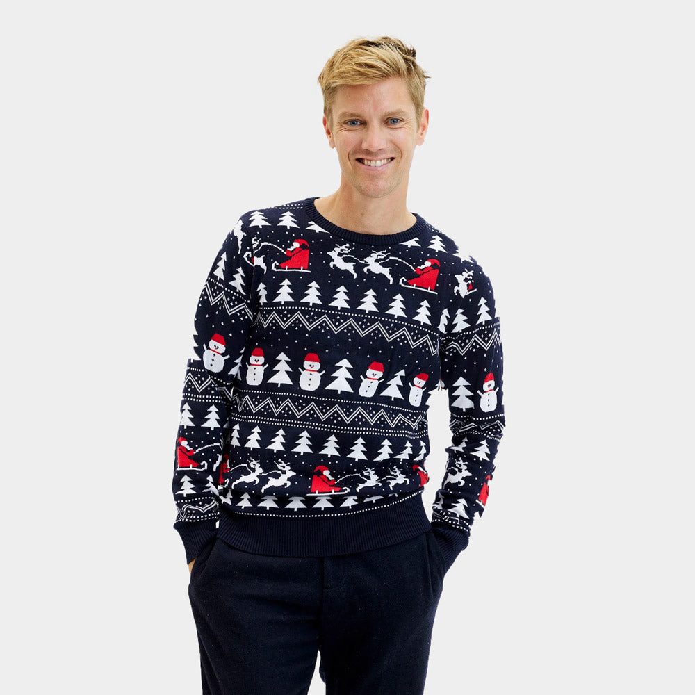 Pull de Noël avec Sapins, Bonhommes de Neige et Père Noël Coton Bio Homme