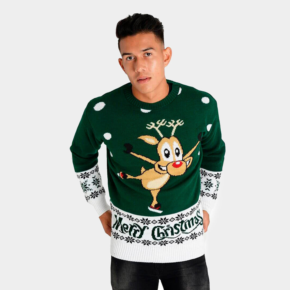 Pull de Noël Vert avec Renne Patinant Homme