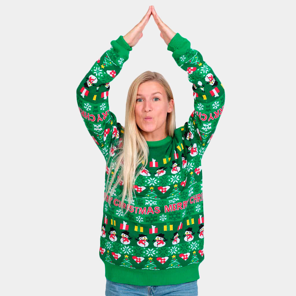 Pull de Noël Vert avec Sapins de Noël et Bonhommes de Neige Coton Bio Femme