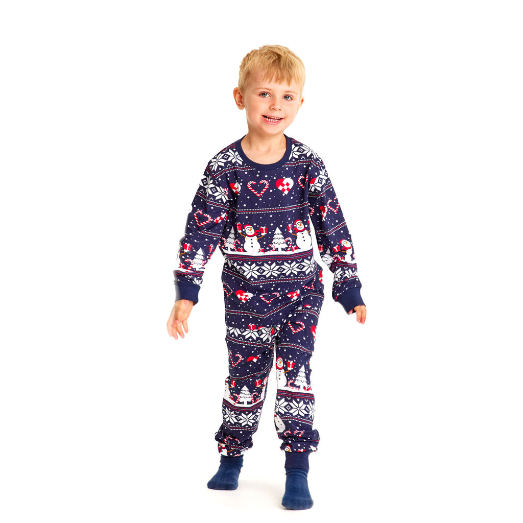 Pyjama de Noël Familial Bleu avec Bonhommes de Neige et Cœurs Enfants
