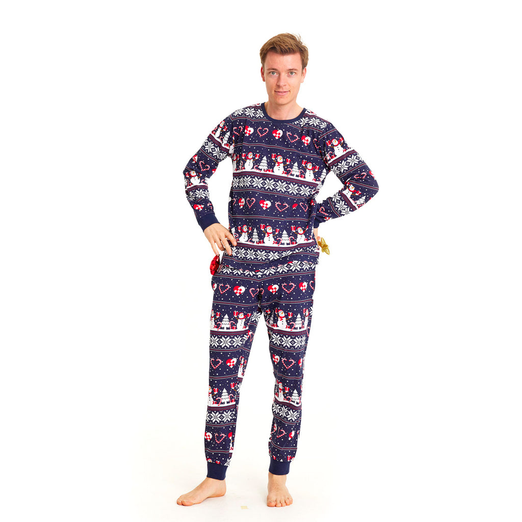 Pyjama de Noël Familial Bleu avec Bonhommes de Neige et Cœurs Homme