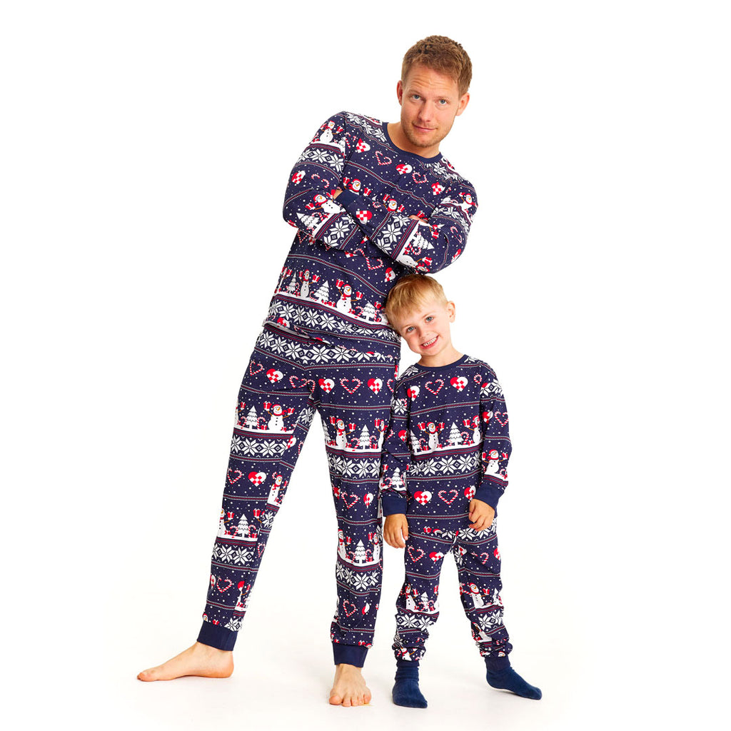 Pyjama de Noël Familial Bleu avec Bonhommes de Neige et Cœurs