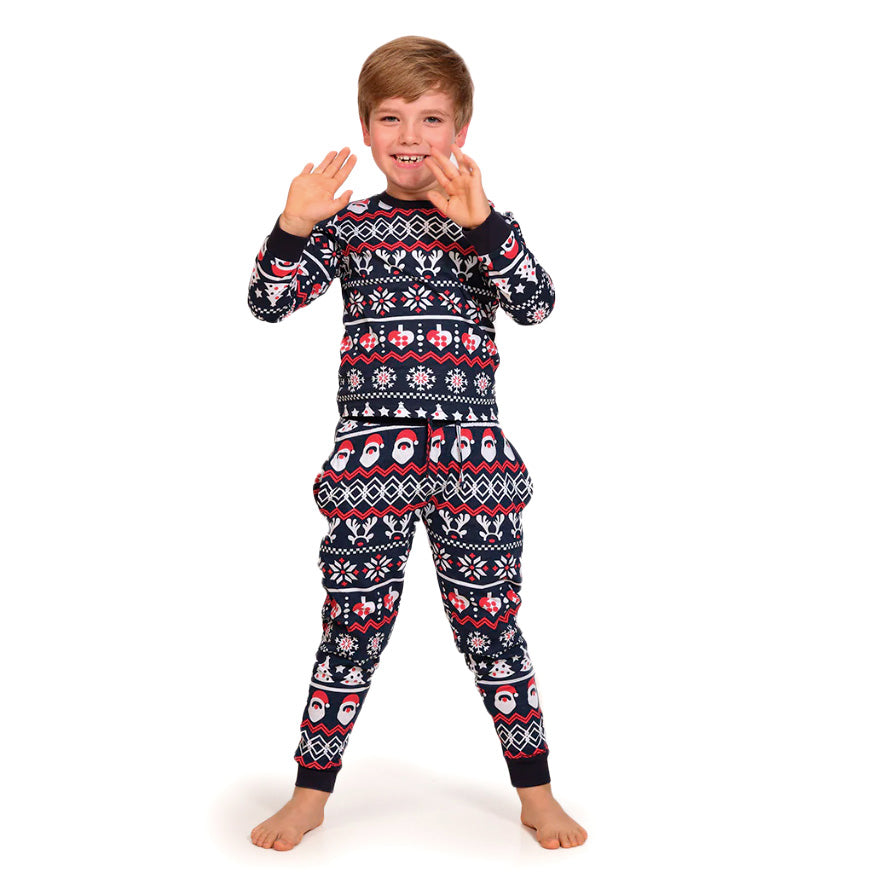 Pyjama de Noël Familial Bleu avec Père Noël, Sapins et Cœurs Enfants