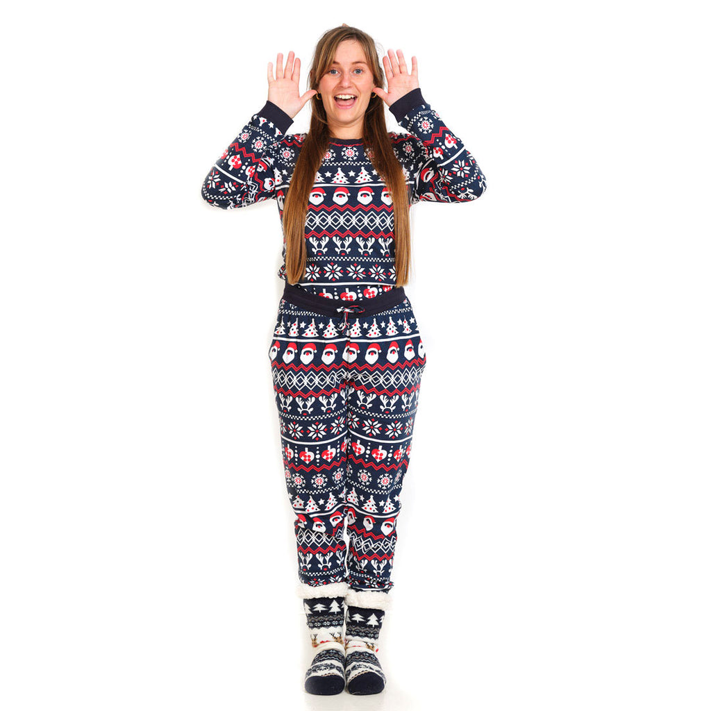 Pyjama de Noël Familial Bleu avec Père Noël, Sapins et Cœurs Femme
