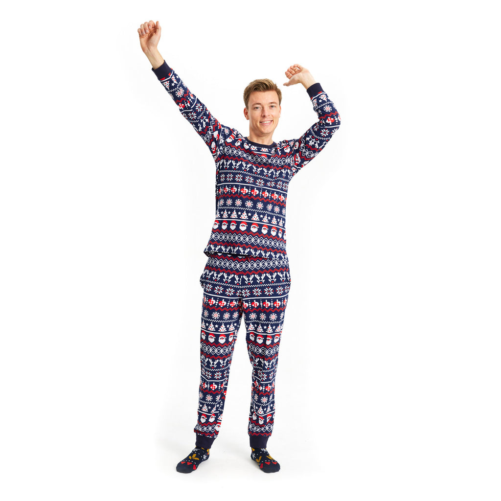 Pyjama de Noël Familial Bleu avec Père Noël, Sapins et Cœurs Homme