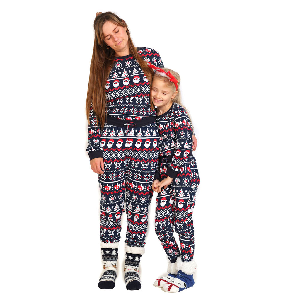Pyjama de Noël Familial Bleu avec Père Noël, Sapins et Cœurs