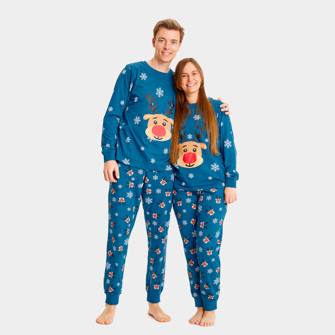 Pyjama de Noël Familial Bleu avec Rudolph le Renne Couple