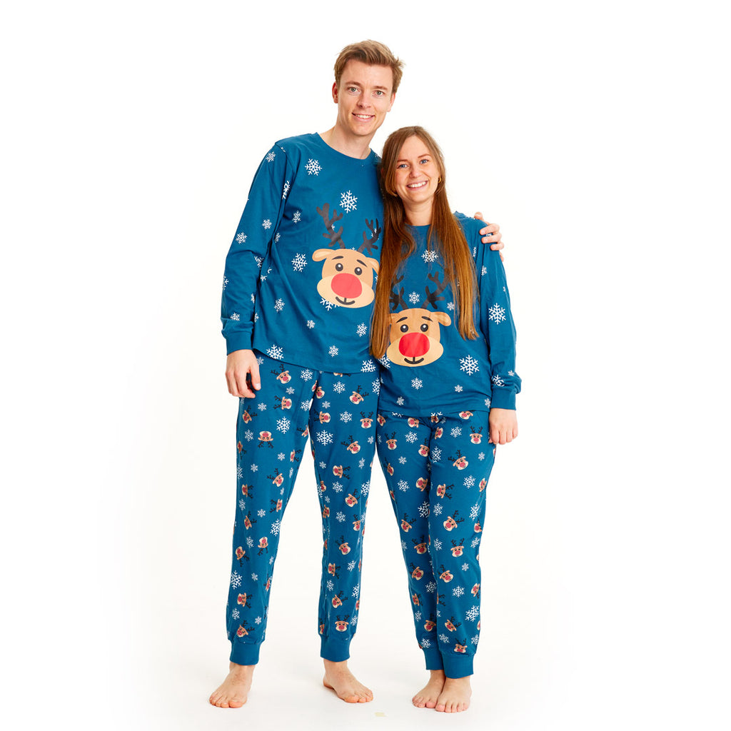 Pyjama de Noël Familial Bleu avec Rudolph le Renne Couple