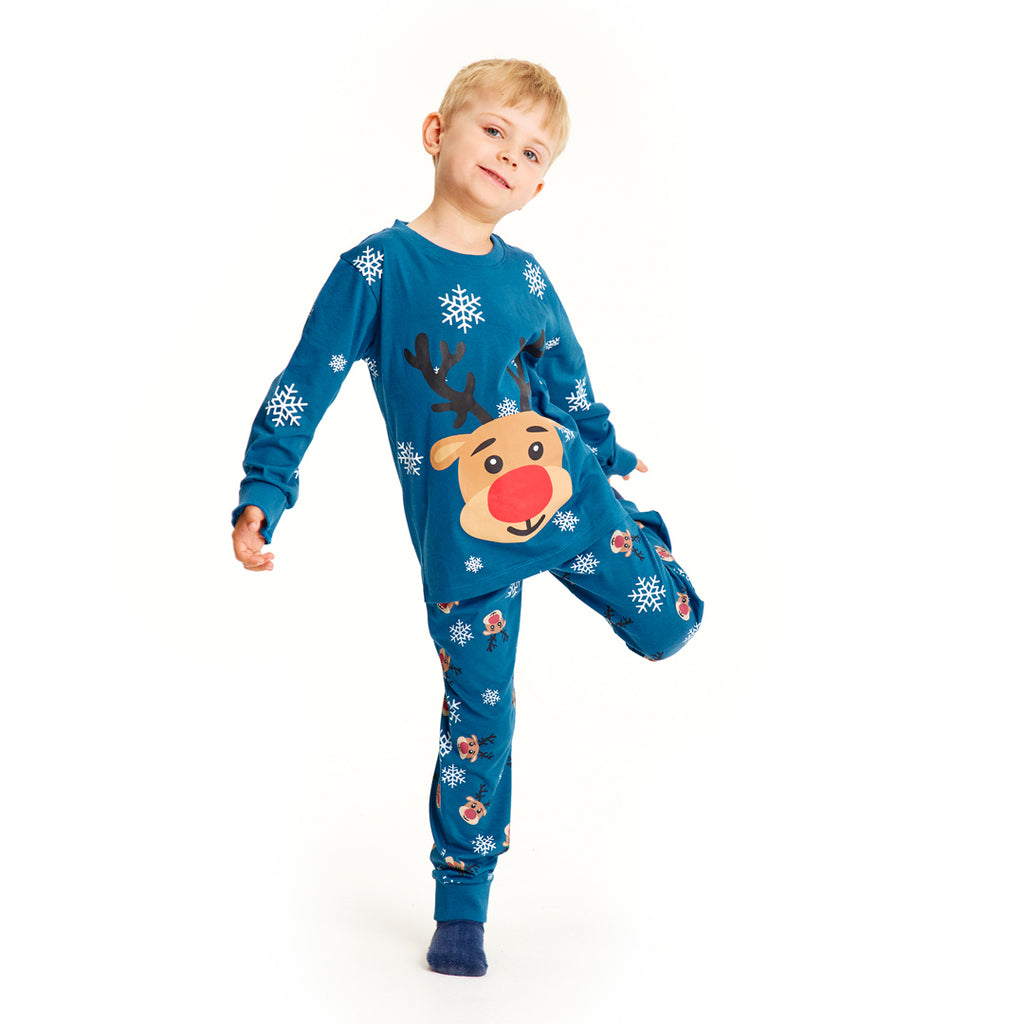 Pyjama de Noël Familial Bleu avec Rudolph le Renne Enfants