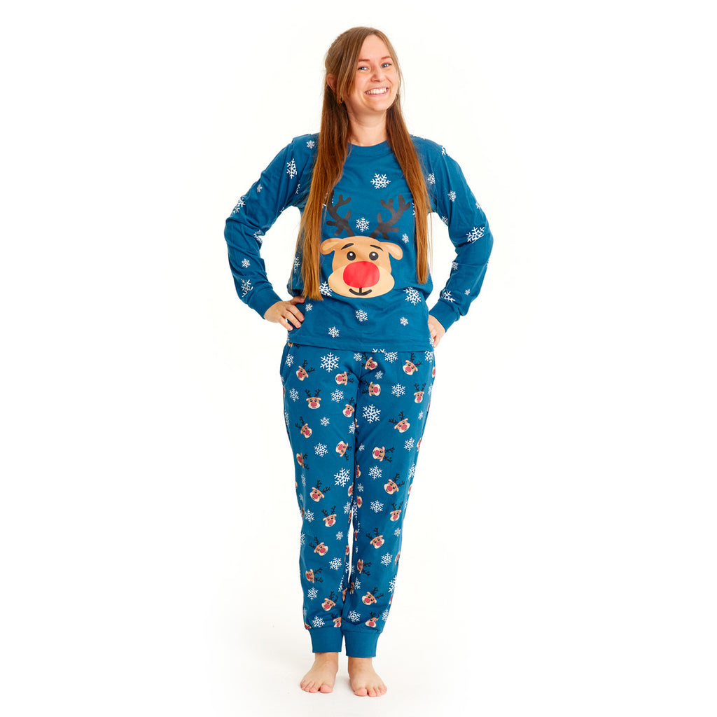 Pyjama de Noël Familial Bleu avec Rudolph le Renne Femme
