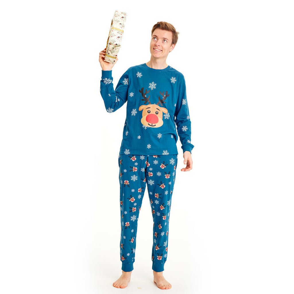 Pyjama de Noël Familial Bleu avec Rudolph le Renne Homme