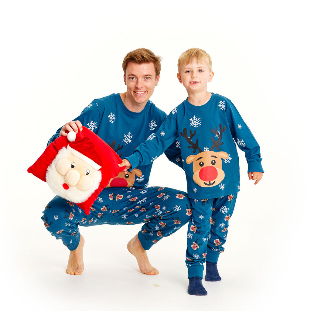 Pyjama de Noël Familial Bleu avec Rudolph le Renne