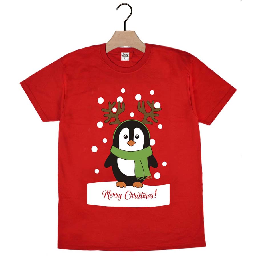 T-Shirt de Noël pour Homme et Femme Rouge avec Pingouin 2021