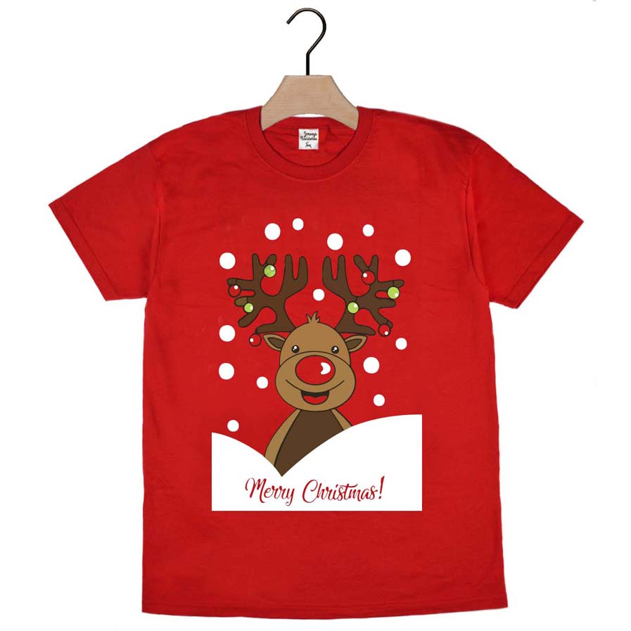 T-Shirt de Noël pour Homme et Femme Rouge avec Renne Rudolph 2021