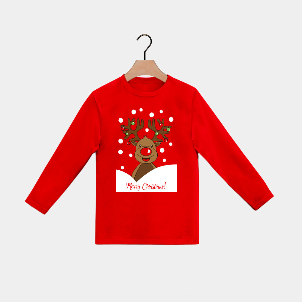 T-Shirt de Noël pour Enfants Rouge Manches Longues Renne Rudolph