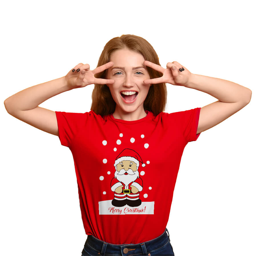 T-Shirt de Noël Femme Rouge avec Père Noël