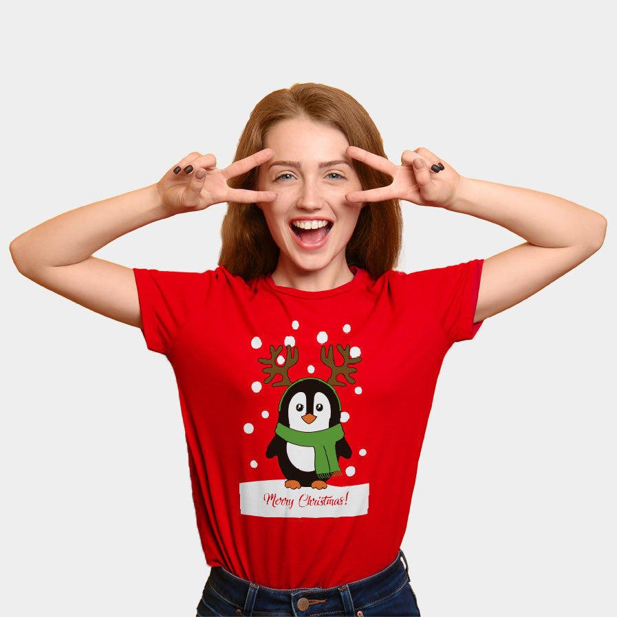 T-Shirt de Noël Femme Rouge avec Pingouin