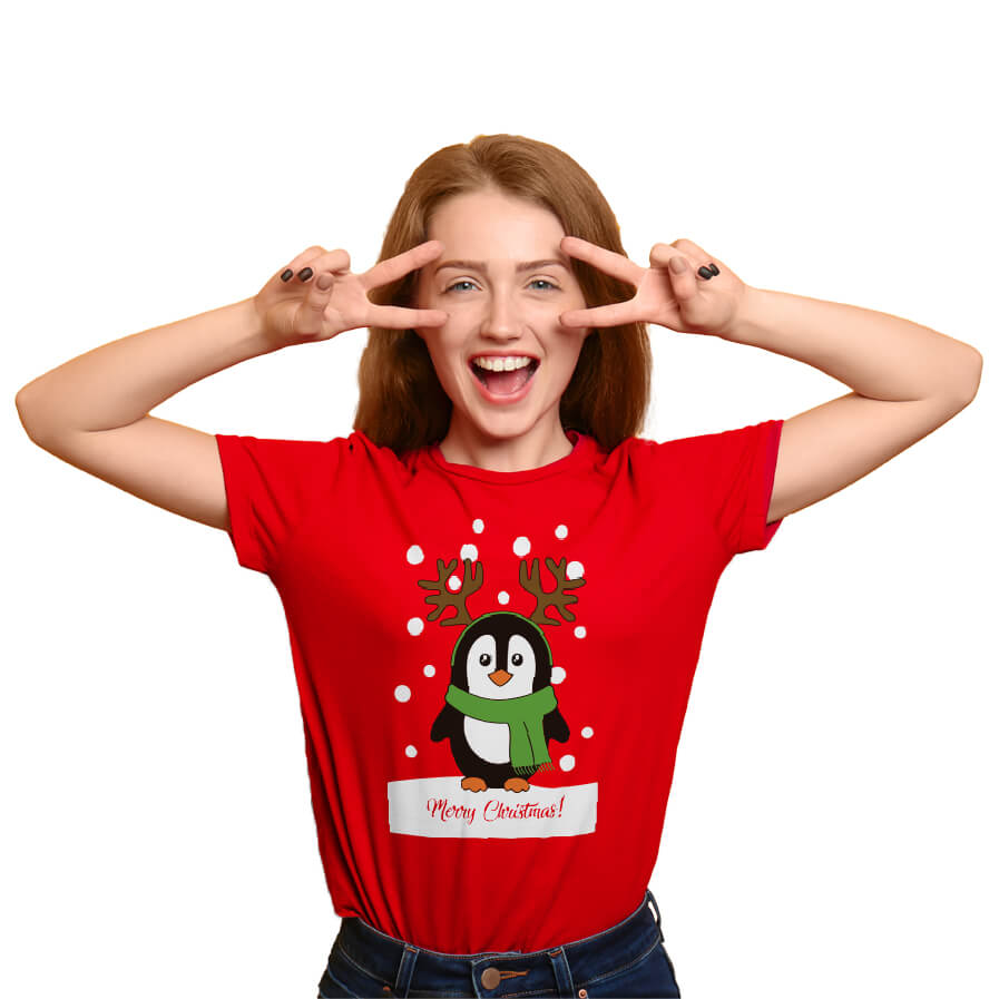 T-Shirt de Noël Femme Rouge avec Pingouin