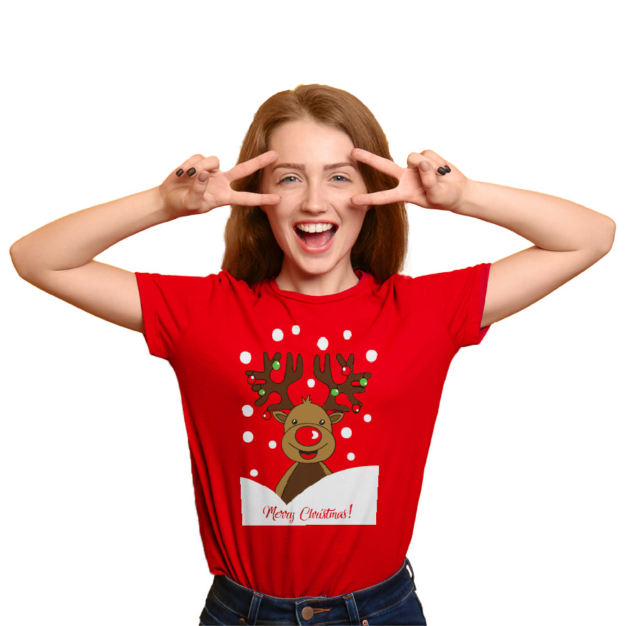 T-Shirt de Noël Femme Rouge avec Renne Rudolph