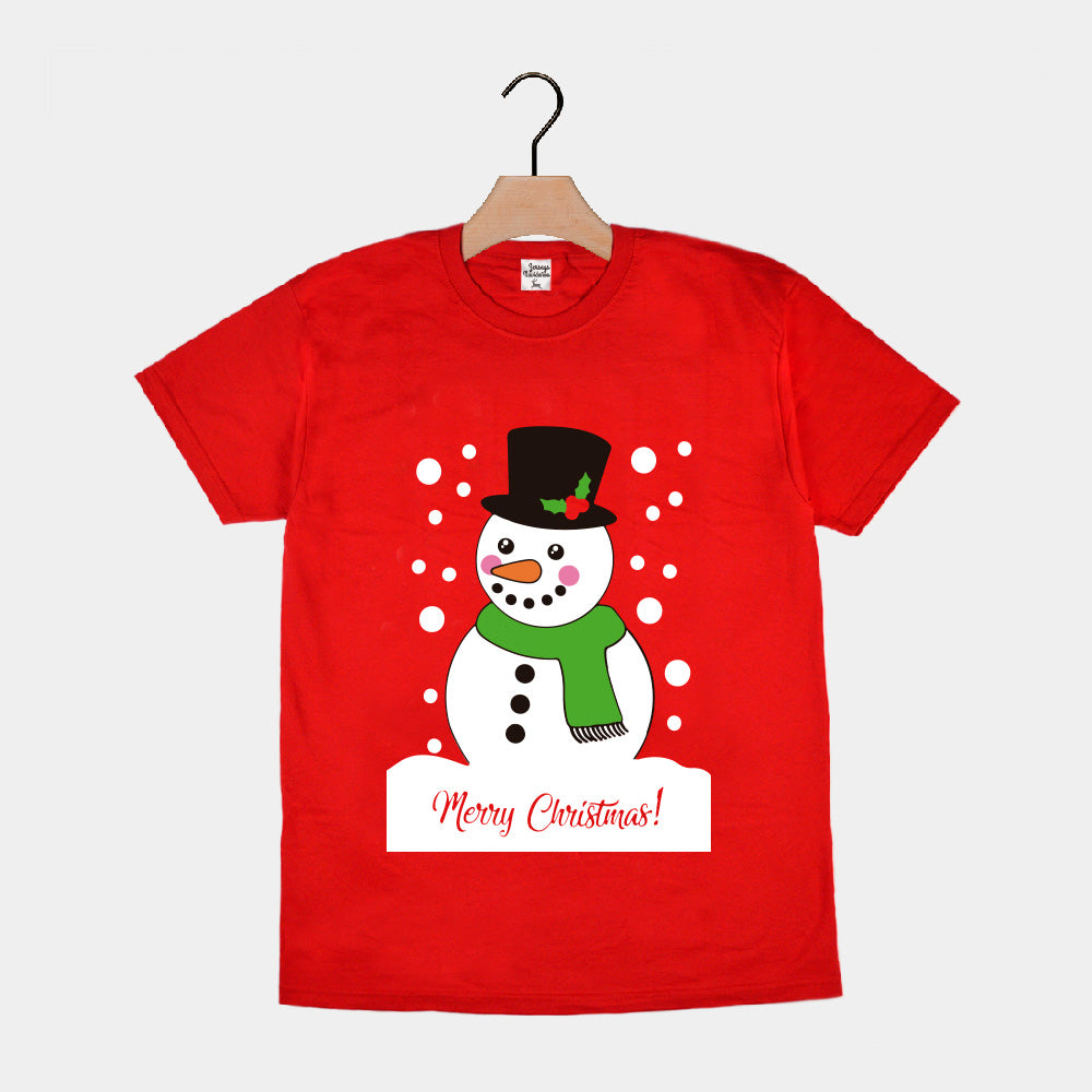 T-Shirt de Noël pour Homme et Femme Rouge avec Bonhomme de Neige