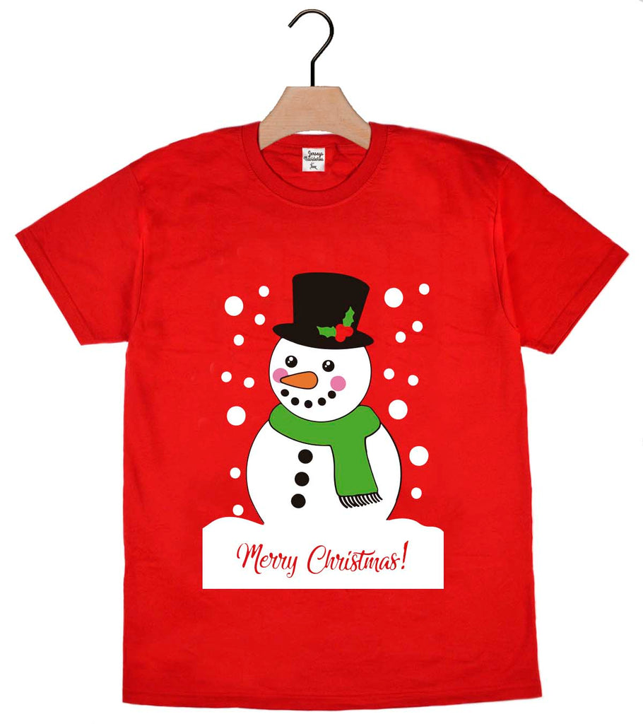 T-Shirt de Noël pour Homme et Femme Rouge avec Bonhomme de Neige